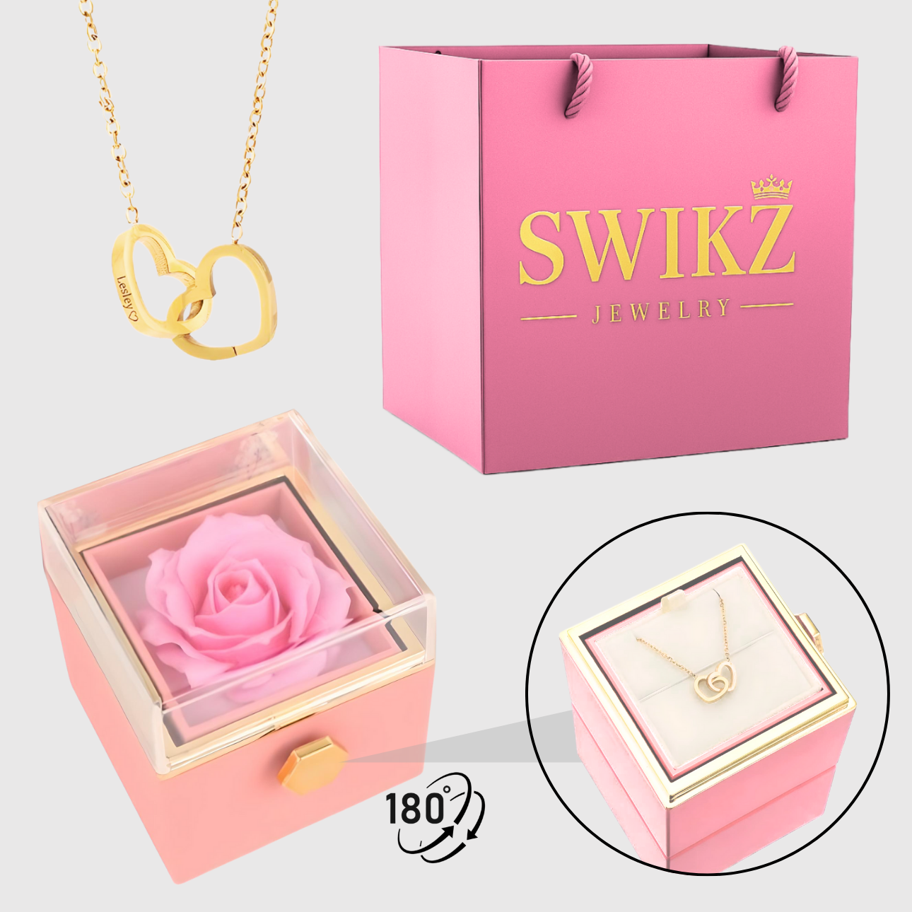 "Surprise" Rotating Forever Rose Box & Engraved Necklace