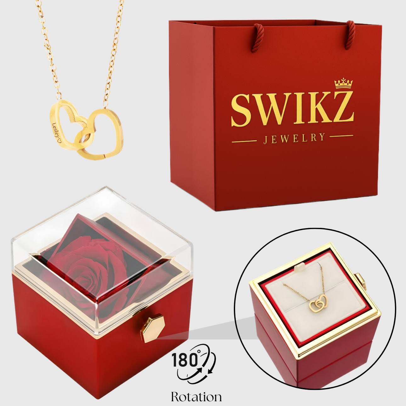 "Surprise" Rotating Forever Rose Box & Engraved Necklace