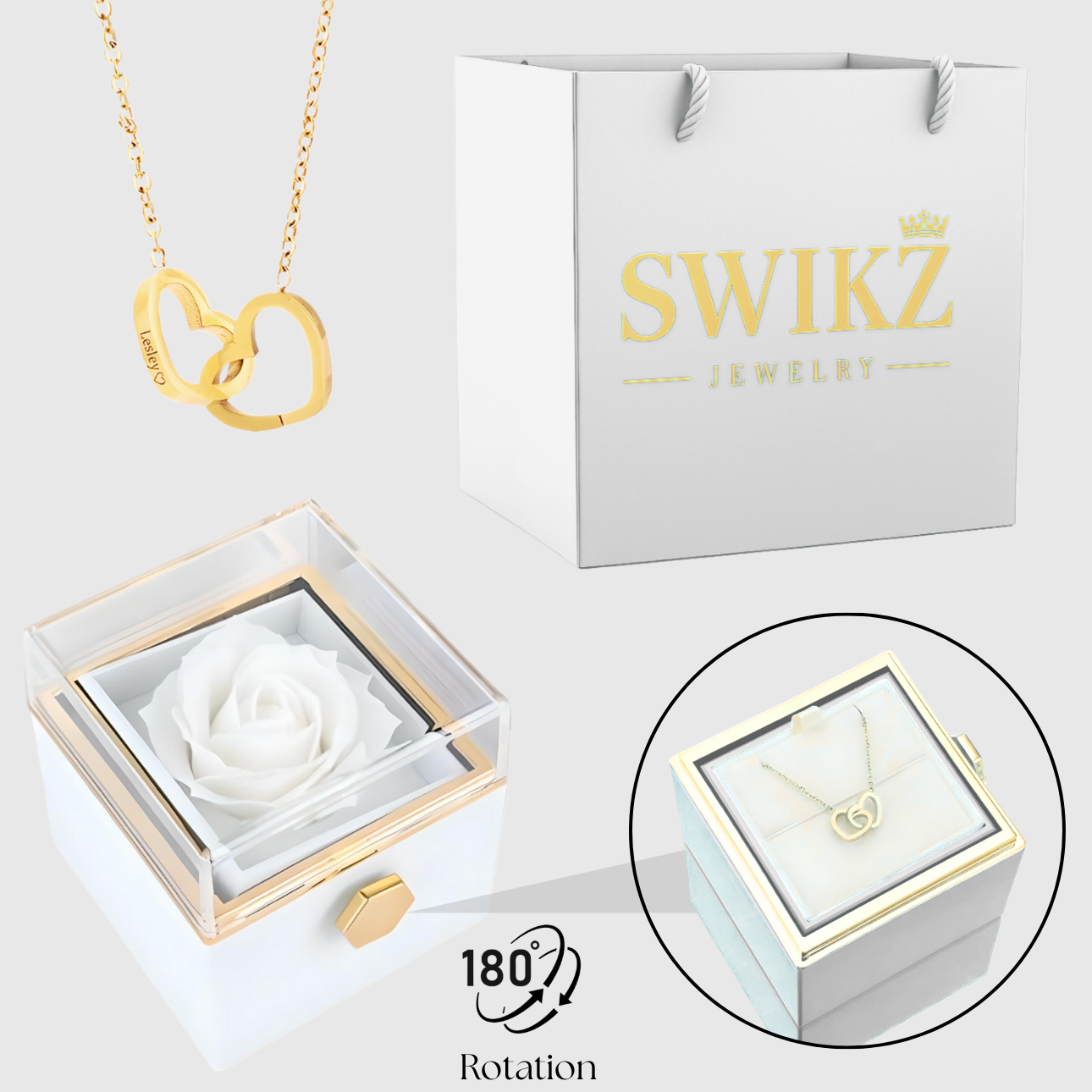"Surprise" Rotating Forever Rose Box & Engraved Necklace